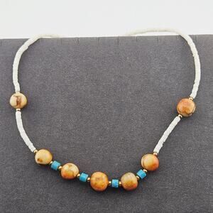 Beaded Choker Necklace White Brown Turquoise Surfer Beachy Islander Granola Girl